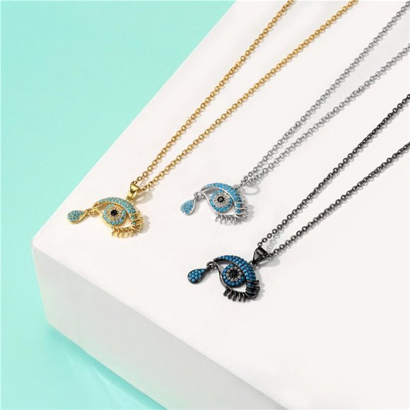 Evil Eye Silver Blue Pave Cubic Zirconia Dainty Necklace - Picture 3 of 4